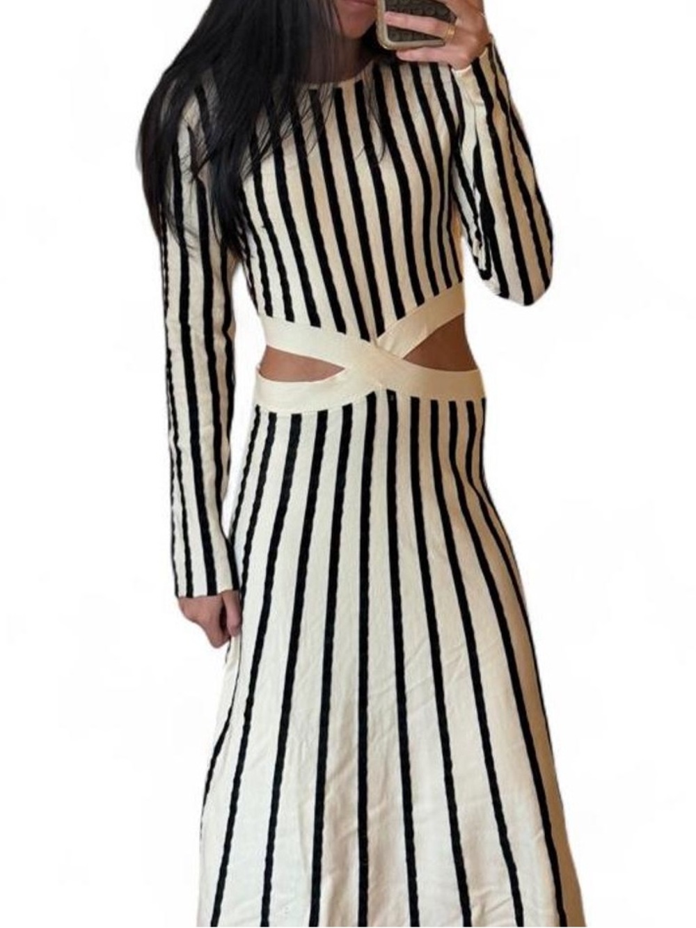 EB Luxe Black and White Striped Cutout Maxi Dress